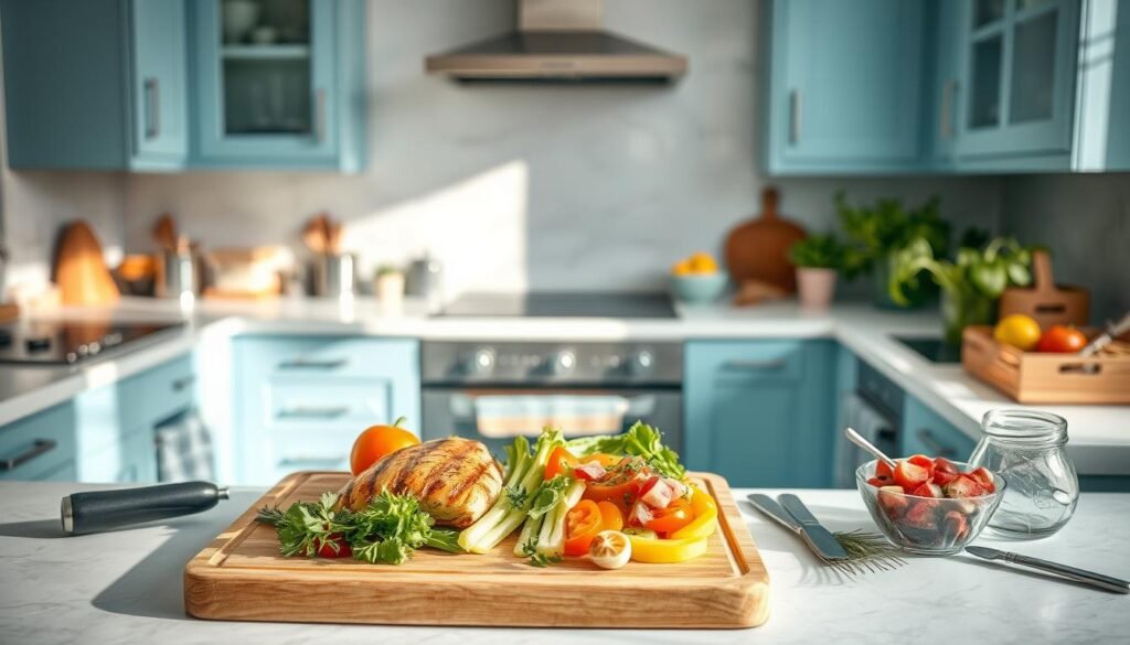 A bright, sun-lit kitchen with clean, minimalist countertops and cabinets in a light blue hue. A wooden cutting board takes center stage, showcasing a variety of fresh, vibrant ingredients - grilled chicken, crisp vegetables, and a variety of healthy toppings. The scene conveys a sense of efficiency and purposeful preparation, with all the necessary tools and utensils neatly arranged, ready to create a delicious, high-protein packed lunch in no time. The lighting is soft and indirect, creating a warm, welcoming atmosphere, while the composition emphasizes the organized workflow of the lunch prep process.
