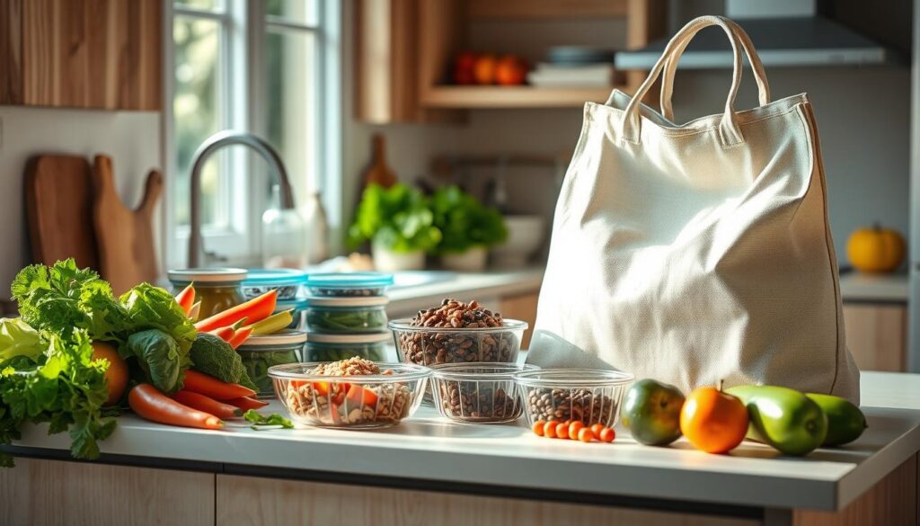 A bright, sunlit kitchen with natural wooden textures and light blue accents. On the countertop, an assortment of fresh produce, glass containers, and a reusable cloth lunch bag. A carefully curated selection of no-heat meal components - crisp vegetables, hearty grains, protein-rich legumes, and vibrant fruits - are neatly arranged, ready to be packed into the bag. The scene exudes a sense of mindfulness and care, capturing the essence of preparing a nutritious, farmer's market-inspired no-heat lunch.