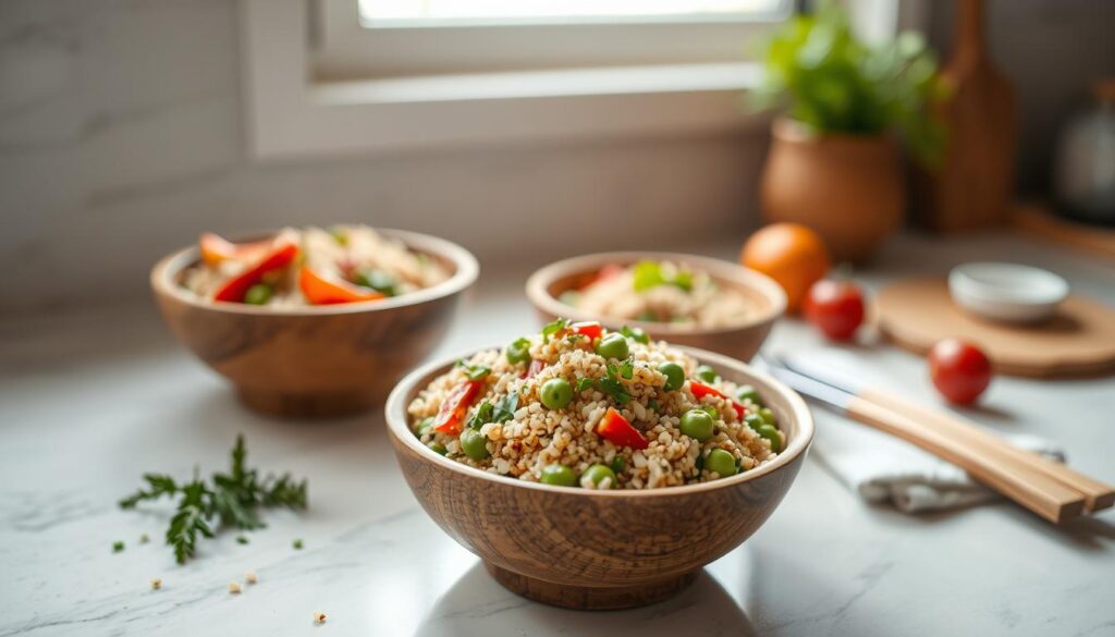 A bright, vibrant quinoa salad showcased in a set of rustic, handcrafted wooden bowls on a minimalist kitchen counter. The quinoa is flecked with vibrant green peas, crisp red bell peppers, and fresh herbs. The bowls are arranged with intentional asymmetry, creating a sense of artful, effortless elegance. Soft, natural lighting filters in through a nearby window, casting a warm glow on the scene. The overall mood is one of nourishing, wholesome deliciousness, inviting the viewer to imagine the satisfying crunch and fresh flavor of this innovative salad creation.
