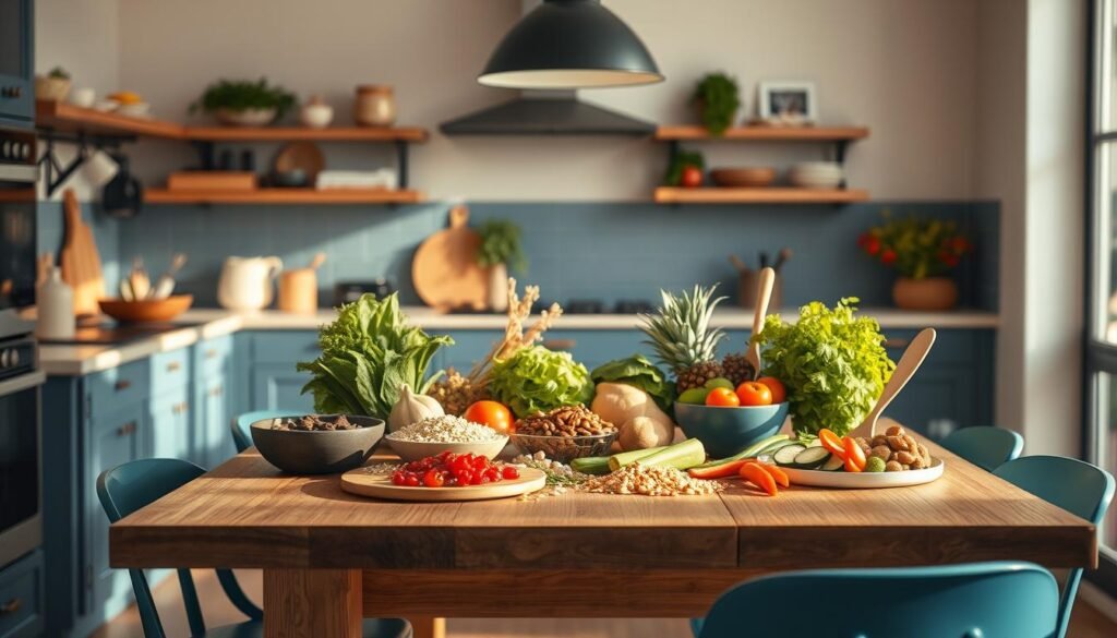 A bright, well-lit kitchen with minimal, modern design. A wooden table is the centerpiece, surrounded by simple blue accents and clean lines. On the table, an array of fresh vegetables, whole grains, and plant-based proteins are arranged in a visually appealing display. The Prepistry logo is subtly visible, indicating the focus on healthy, easy-to-prepare vegetarian meal options. Warm, natural lighting casts a soft glow, creating a cozy, inviting atmosphere perfect for illustrating quick, delectable vegetarian recipes.