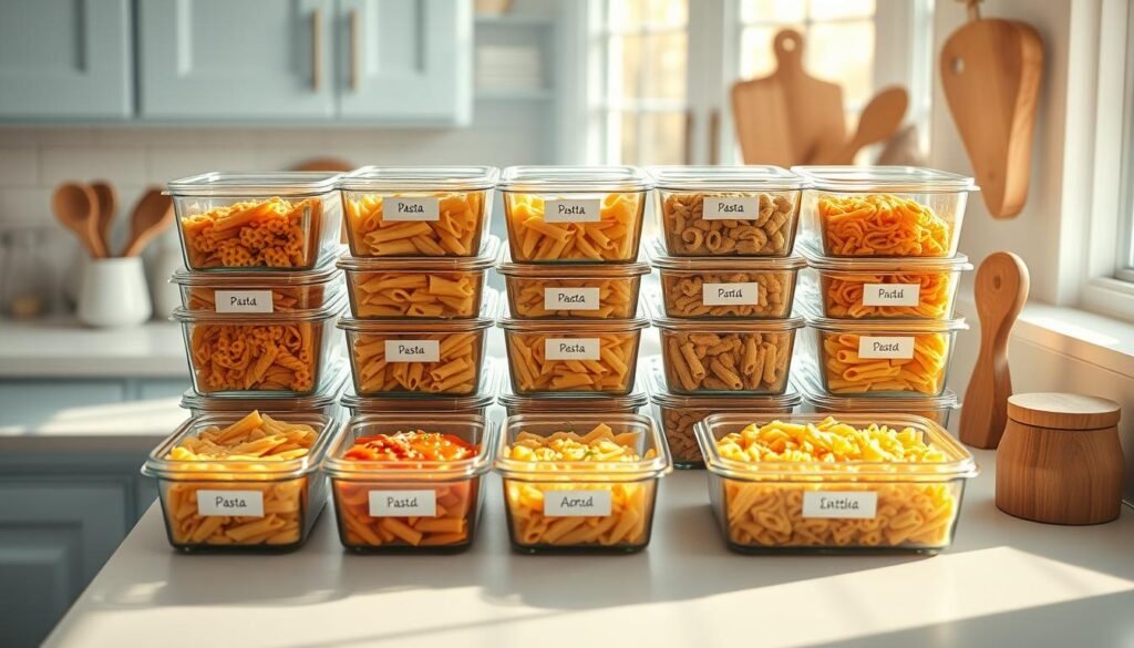 A bright, well-organized kitchen counter displays various pasta dishes stored in clear glass containers. Soft natural light filters through the windows, creating a warm, inviting atmosphere. The containers, arranged in a neat, symmetrical pattern, showcase the vibrant colors and textures of the pasta meals, each labeled with the dish name. Wooden accents, like a small cutting board and a utensil holder, complement the light blue cabinetry, lending a sense of rustic sophistication. The scene exudes a sense of calm organization, hinting at the care and preparation that went into these delectable, reheatable office lunches.