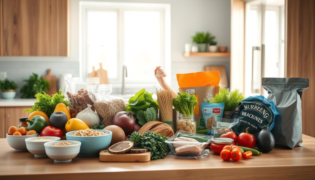 A brightly lit, modern kitchen with warm, wooden textures and light blue accents. On the countertop, an array of fresh produce, whole grains, lean proteins, and healthy snacks are neatly arranged, creating a visually appealing display. The scene captures the essence of smart grocery shopping for athletes, focusing on nutrient-dense, recovery-focused ingredients. The composition emphasizes the preparation aspect, with no hands visible, suggesting a methodical, organized approach to meal planning. The overall mood is one of calm efficiency, reflecting the section's title, 