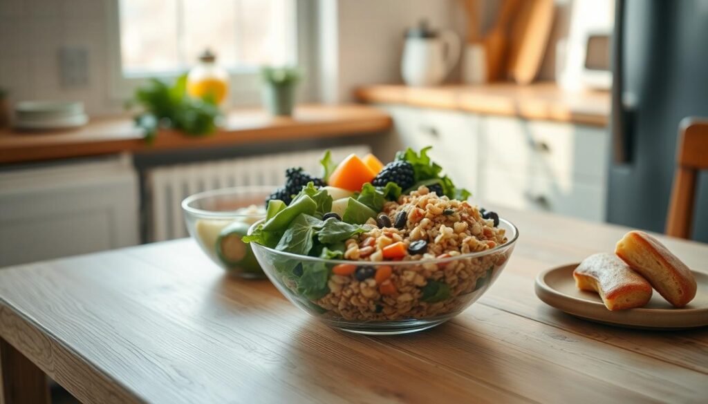 A budget-friendly dairy-free lunch displayed on a simple wooden table in a cozy, minimal kitchen. A variety of fresh vegetables, whole grains, and plant-based proteins are artfully arranged, creating a visually appealing and nutritious meal. Soft, natural lighting from a nearby window casts a warm glow, highlighting the vibrant colors and textures of the food. No hands are visible, allowing the focus to remain on the delectable, dairy-free spread.