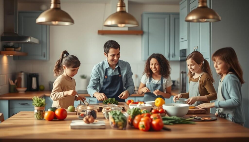 A bustling family kitchen with a trio of cheerful children eagerly assisting their parents in meal preparation. Smooth wooden countertops are scattered with fresh produce, colorful spices, and a smattering of culinary tools. Warm, soft lighting from pendants above casts a comforting glow, accentuating the light blue cabinetry and minimalist decor. Smiles and laughter fill the air as the family works together, savoring the bonding experience of creating a delicious home-cooked meal. The scene radiates the joyful benefits of meal prepping as a family - quality time spent, life skills learned, and memories made.