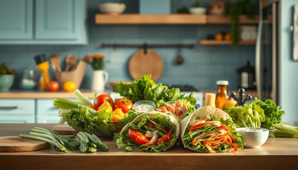 A bustling family kitchen with light blue accents and natural wood textures. On the counter, various fresh ingredients come together for the preparation of delicious cold lunch wraps. An array of vibrant vegetables, flavorful meats, and creamy spreads are carefully arranged, creating a visually enticing scene. The warm lighting casts a soft glow, accentuating the textures and colors. The overall atmosphere conveys a sense of efficiency and care, reflecting the benefits of cold lunch wraps for busy lifestyles.