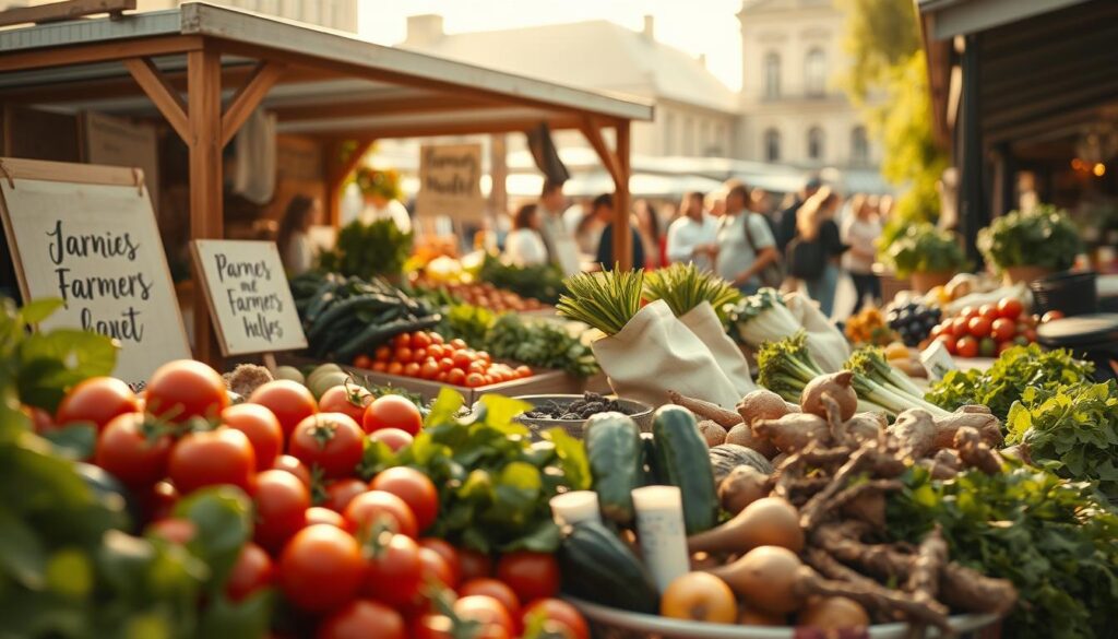 A bustling farmers market scene, captured in warm, natural light. In the foreground, an array of vibrant, locally-grown produce - ripe tomatoes, leafy greens, and earthy root vegetables. In the middle ground, a wooden stall with a minimalist, rustic aesthetic, featuring hand-lettered signs and a few canvas bags filled with freshly-picked goods. The background subtly hints at the energy of the market, with the blurred silhouettes of passing shoppers and the occasional glimpse of a historic building. The overall mood is one of wholesome, community-driven abundance, perfect for inspiring recipes made with the finest, seasonal ingredients.