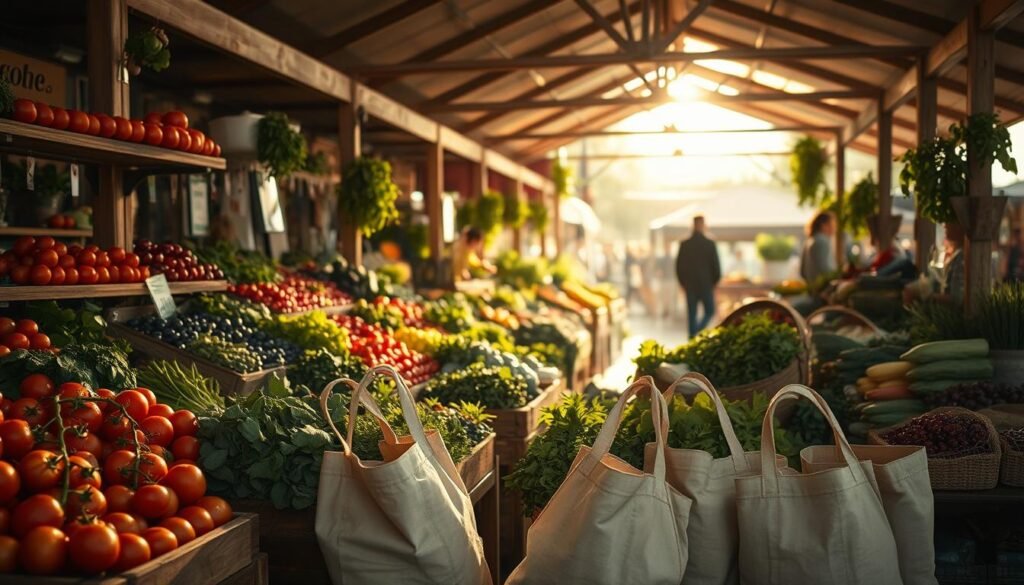 A bustling local market with a variety of fresh, sustainable produce. Artfully arranged wooden stalls overflow with ripe tomatoes, leafy greens, vibrant berries, and other seasonal delights. Sunlight filters through the open-air structure, casting a warm glow on the scene. The air is filled with the aroma of just-picked herbs and the hum of friendly chatter between vendors and patrons. In the foreground, a few reusable canvas bags await to be filled with the day's bounty. The overall atmosphere is one of community, health, and environmental consciousness.