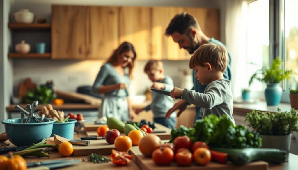 A busy family kitchen filled with vibrant activity. In the foreground, a counter cluttered with chopping boards, knives, and an array of fresh produce. Midground, a parent urgently dicing vegetables while a child tugs on their sleeve, seeking attention. The background bathed in soft, warm lighting, with minimal decor hinting at a cozy, welcoming space. Textures of wood and soft blue accents lend a sense of calm to the otherwise frenzied scene. Capture the frantic yet familiar energy of a family navigating the challenges of meal preparation together.