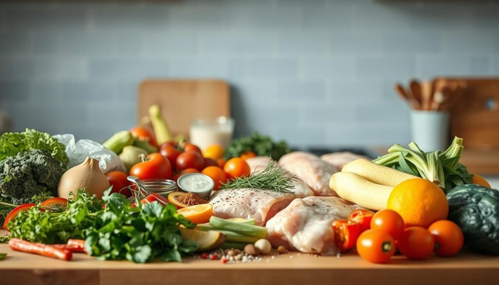 A carefully arranged assortment of fresh ingredients for a sheet pan meal sits on a wooden kitchen counter. In the foreground, an array of vegetables, herbs, and seasonings are positioned with deliberate care, creating an appealing and organized composition. The middle ground features various cuts of meat or fish, ready to be combined with the produce. In the background, a light blue accent wall provides a clean, minimalist backdrop, allowing the vibrant colors of the ingredients to take center stage. The scene is bathed in warm, natural lighting, captured at a slight angle to highlight the textures and shadows. This image conveys the thoughtful preparation and attention to detail required for successful sheet pan cooking.