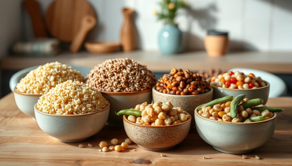 A carefully composed still life in a cozy, minimal kitchen setting with warm wooden textures and light blue accents. A wooden table or countertop is the focal point, showcasing an assortment of vibrant, nutrient-dense anti-inflammatory grains and legumes. Quinoa, brown rice, lentils, chickpeas, and edamame are displayed in ceramic bowls, their colors and shapes creating a visually appealing and appetizing arrangement. Soft, directional lighting casts gentle shadows, highlighting the textures and natural beauty of the ingredients. The overall mood is one of simplicity, nourishment, and culinary harmony, conveying the powerful anti-inflammatory properties of these wholesome plant-based staples.
