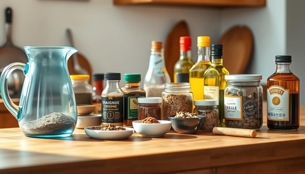 A carefully curated collection of pantry staples arranged on a wooden kitchen counter, with a light blue glass pitcher and an assortment of spice jars, olive oil, and other essential ingredients for batch cooking. The scene is illuminated by soft, natural lighting, creating a warm and inviting atmosphere. The items are positioned in a visually appealing manner, with a sense of intentional curation, reflecting the importance of these must-have ingredients for preparing nourishing, make-ahead meals.