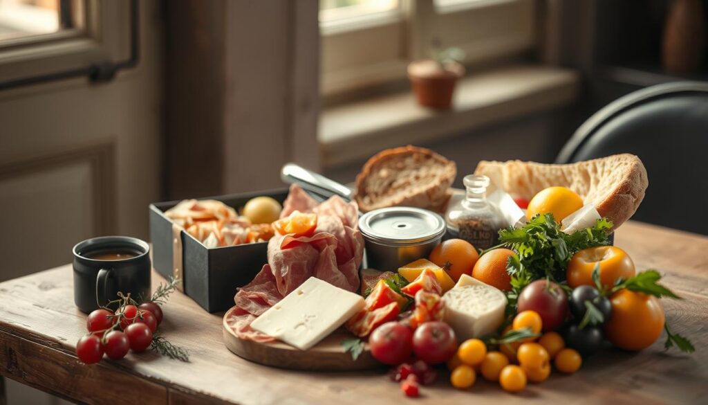 A carefully curated gourmet lunch box nestled on a rustic wooden table, featuring a selection of premium cured meats, artisanal cheeses, fresh-baked bread, seasonal fruits, and a scattering of colorful vegetables. The scene is bathed in soft, natural lighting that filters through a nearby window, casting warm shadows and highlighting the textures of the ingredients. The overall mood is one of simplicity, elegance, and a touch of indulgence, inviting the viewer to imagine the satisfying flavors and textures of this thoughtfully assembled midday meal.