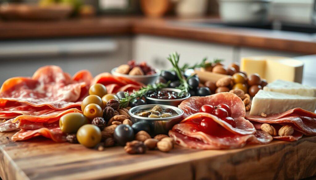 A carefully curated selection of high-quality artisanal charcuterie ingredients arranged on a rustic wooden cutting board. In the foreground, slices of premium salami, prosciutto, and saucisson sec are displayed alongside gourmet olives, cornichons, and a wedge of creamy brie. The middle ground features a scattering of dried fruits, toasted nuts, and a small dish of fig jam. In the background, a few sprigs of fresh thyme and rosemary add a touch of greenery, complementing the warm, earthy tones of the kitchen. Soft, natural lighting bathes the scene, creating a cozy, inviting atmosphere.