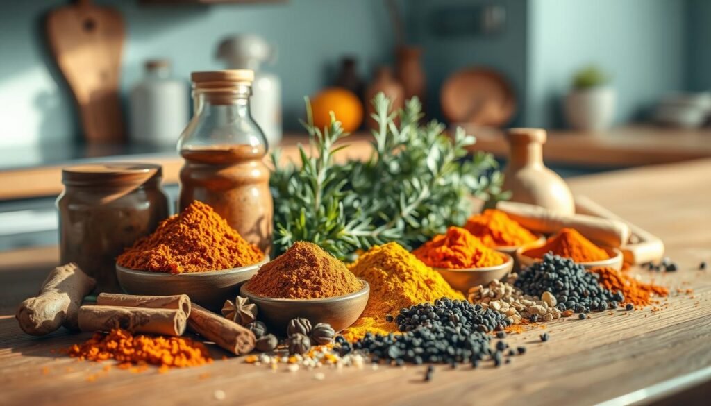 A carefully curated selection of vibrant anti-inflammatory spices and herbs arranged on a wooden kitchen counter, bathed in soft, natural light. In the foreground, a variety of whole and ground spices such as turmeric, ginger, cinnamon, and black pepper. In the middle ground, fresh herbs like rosemary, thyme, and oregano are displayed. The background features a minimal, light blue-accented kitchen setting, lending a sense of simplicity and wellness. The overall composition conveys a mood of nourishment, warmth, and the power of nature's remedies.