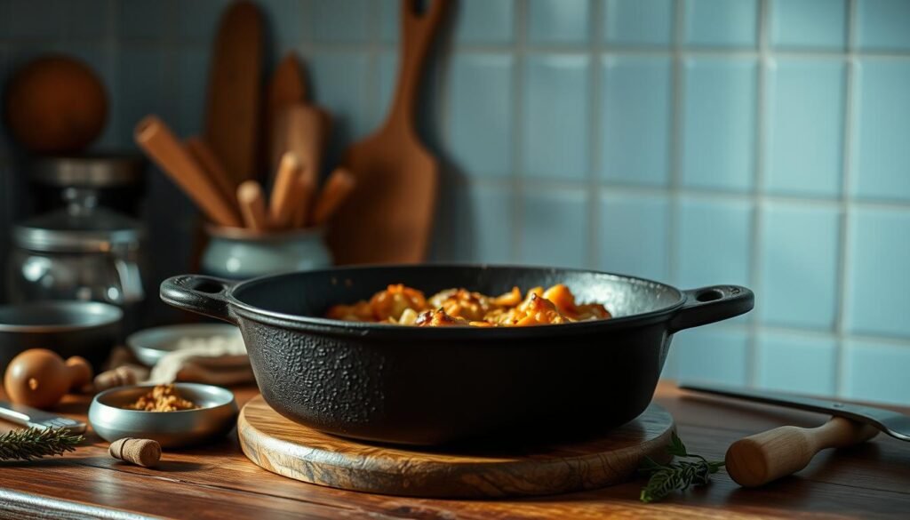 A cast iron skillet sits atop a wooden kitchen counter, surrounded by a collection of culinary tools and ingredients. The skillet's rough, seasoned surface reflects the warm, ambient lighting, casting a cozy, muted glow. In the background, a minimal, light blue-accented wall provides a clean, calming backdrop, drawing the viewer's focus to the central cooking scene. The arrangement suggests a narrative of thoughtful, intentional meal preparation, inviting the viewer to imagine the delicious, wholesome dish taking shape within the trusted cast iron vessel.