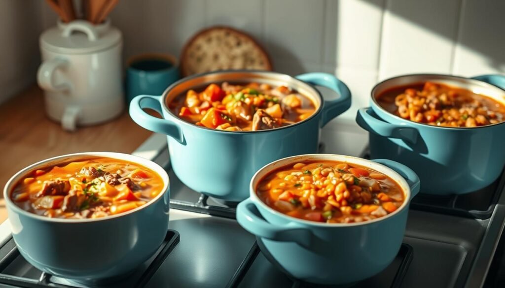 A cheerful arrangement of hearty, freezer-friendly soups and stews simmers on the stove in a cozy, minimal kitchen. Bowls of rich beef stew, creamy tomato basil, and comforting lentil chili take center stage, their vibrant colors and textures complemented by the light blue accents and warm wooden surfaces. Soft, natural lighting floods the scene, casting gentle shadows and highlighting the steam rising from the simmering pots. The overall mood is one of nourishment, simplicity, and the promise of easy, healthy weeknight dinners.