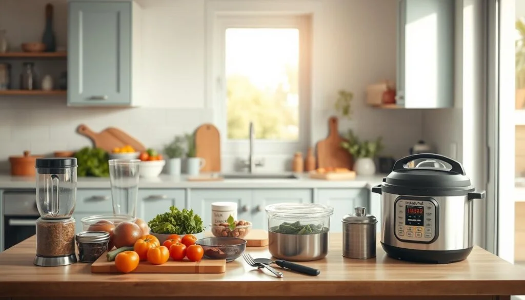 A cheerful, minimalist kitchen with light blue cabinets and warm wooden accents. On the countertop, various meal prep containers, a cutting board, and neatly arranged ingredients - fresh vegetables, herbs, and condiments. The scene is bathed in soft, natural lighting from a large window, casting a serene glow. In the foreground, a variety of time-saving kitchen tools and appliances, such as a high-speed blender, a multi-purpose food processor, and an instant pot. The overall atmosphere is one of efficiency, organization, and a sense of culinary inspiration.