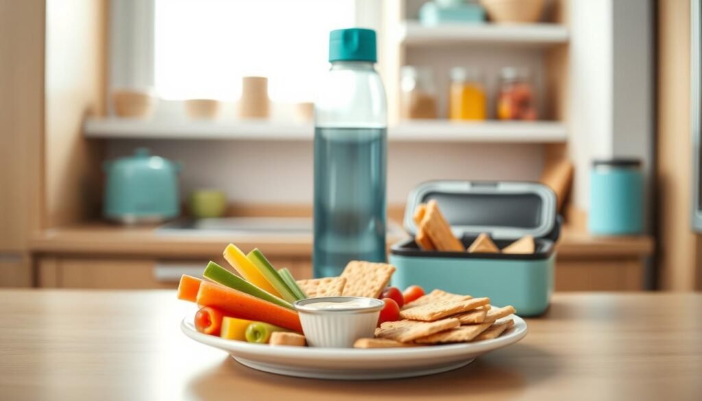 A cheery, kid-friendly lunch scene set in a cozy, minimal kitchen with warm wooden textures and light blue accents. In the foreground, a plate displays an artfully arranged selection of nutritious and appealing items: fresh fruit, colorful veggie sticks, whole-grain crackers, and a small container of hummus. In the middle ground, a reusable water bottle and a thermos-style lunch box sit on the counter, suggesting a balanced, on-the-go meal. The background features simple, clean-lined shelves stocked with pantry essentials. The overall atmosphere is bright, inviting, and geared towards providing a delightful, family-friendly lunchtime experience.