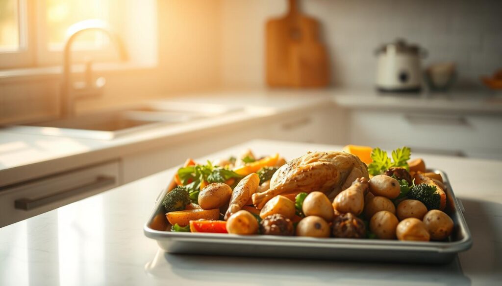 A clean, bright kitchen with a sheet pan filled with roasted vegetables, chicken, and potatoes, bathed in warm, natural lighting. The scene conveys a sense of efficiency and organization, with carefully arranged ingredients ready for a simple, one-pan meal. The countertop is uncluttered, with a few minimalist kitchen accessories, highlighting the focus on the time-saving prep work. The overall atmosphere is calm and inviting, suggesting a stress-free, nutritious dinner solution.