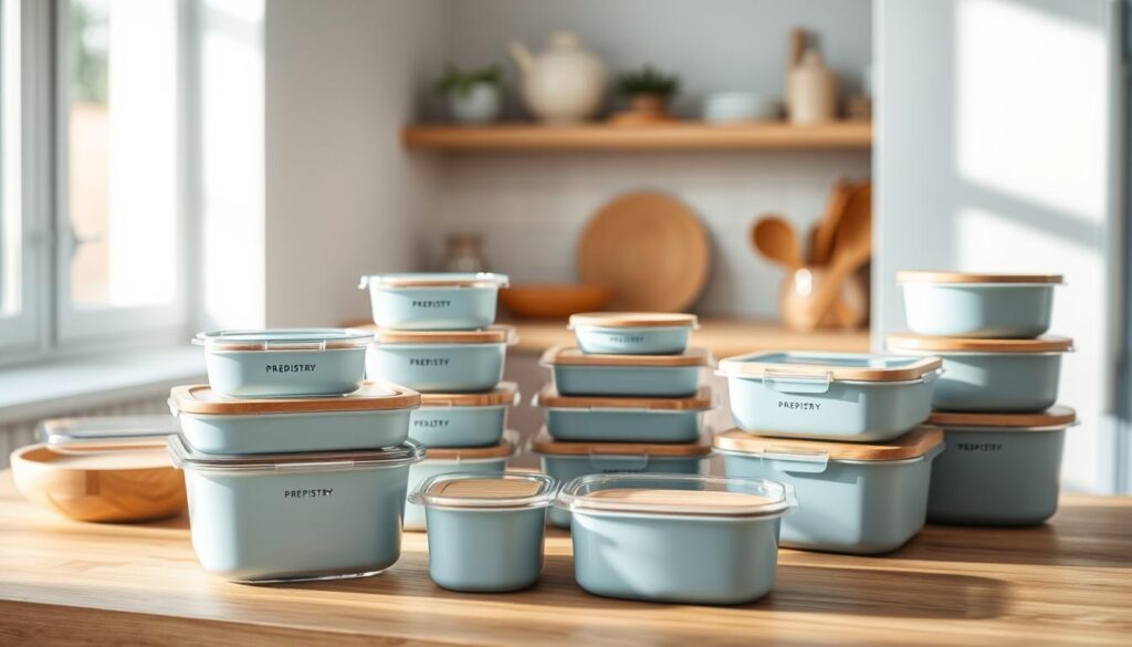 A clean, minimalist kitchen setting showcases a variety of reusable food containers from the 