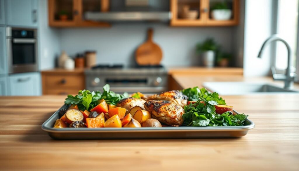 A clean, minimalist kitchen with warm wooden countertops and light blue accents. On the counter, a sheet pan holds an array of perfectly seared chicken thighs, tender roasted root vegetables, and vibrant leafy greens. Soft, diffused lighting illuminates the scene, highlighting the textures and colors. The composition is balanced, with the proteins and produce arranged thoughtfully to showcase their optimal cooking times and temperatures. An atmosphere of culinary precision and efficiency permeates the image, inviting the viewer to envision a delicious, effortless sheet pan dinner.