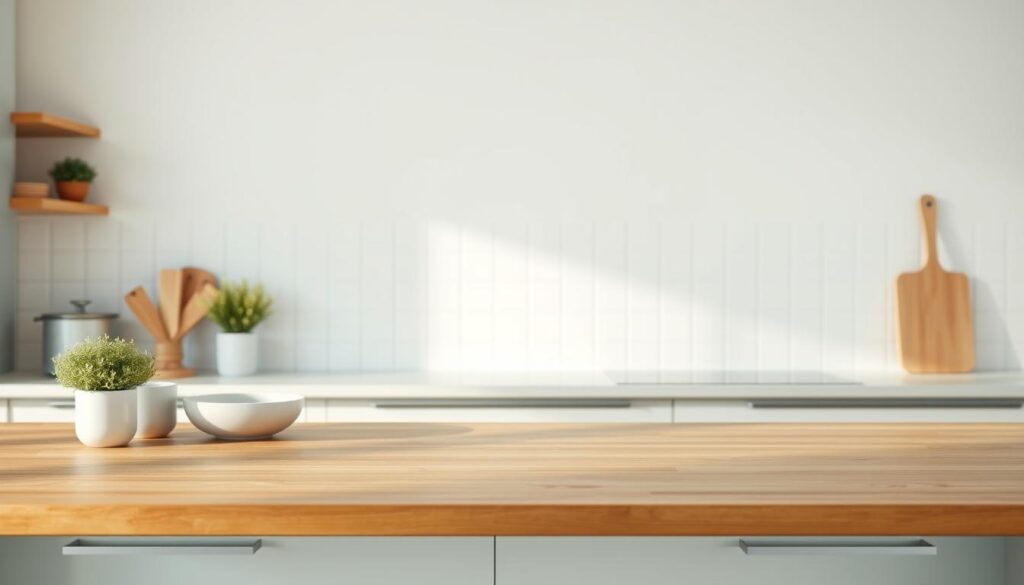 A clean, minimalist presentation template with a serene, workflow-focused aesthetic. Light blue highlights accent the sleek, wooden surfaces of a modern kitchen counter. Subtle grid lines and simple shapes create an organized, efficient layout that draws the eye. Carefully balanced negative space and soft, even lighting evoke a sense of focus and calm. The template's design seamlessly integrates with the kitchen's peaceful ambiance, inviting the viewer to approach meal prep with a clear, motivated mindset.