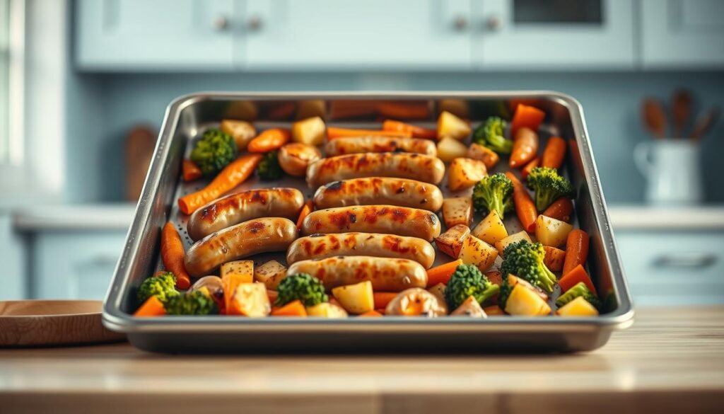 A clean, modern kitchen with light blue accents and wooden textures. In the center, a sheet pan filled with freshly roasted sausages, golden-brown and sizzling, surrounded by a medley of colorful vegetables - vibrant carrots, tender potatoes, and crisp broccoli florets. The scene is illuminated by soft, natural lighting, casting a warm glow and creating appealing shadows and highlights. The camera angle is slightly elevated, providing a clear, unobstructed view of the entire preparation process, showcasing the key cooking steps for this sheet pan dinner.