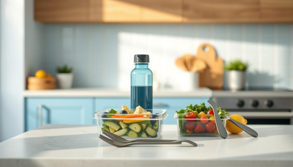 A clean, modern kitchen with light blue and wooden accents. On the counter, an assortment of neatly arranged cold lunch items - a bento box filled with colorful, nutritious foods, a reusable water bottle, and a set of sleek, minimalist portable utensils. Soft, diffused lighting illuminates the scene, creating a calming, inviting atmosphere. The focus is on the practical, yet stylish tools that make office meal prep a breeze, highlighting why they are a game-changer for clean eating on the go.