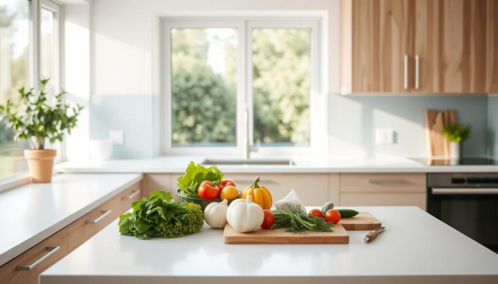 A clean, modern kitchen with light wood cabinets, white countertops, and a soft blue backsplash. On the countertop, an array of fresh ingredients neatly arranged - vegetables, herbs, and a few kitchen tools like a cutting board and a sharp knife. The lighting is soft and natural, emanating from a large window overlooking a tranquil garden. The overall atmosphere is one of efficiency and calm, reflecting the time-saving meal prep tips this image is meant to illustrate.