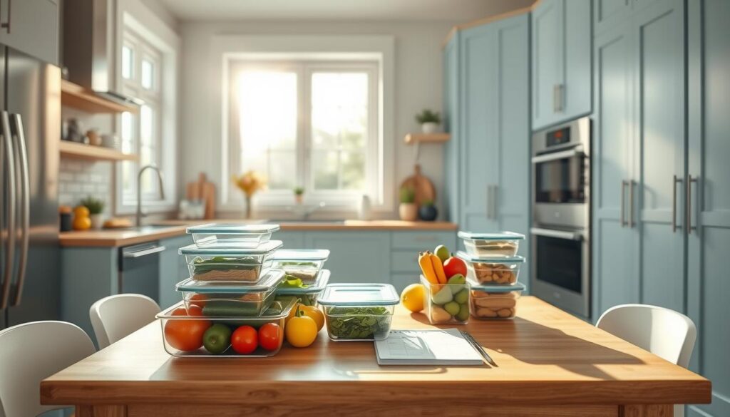A clean, modern kitchen with natural wood accents and light blue cabinetry. Neatly arranged on a wooden table are glass meal prep containers, fresh produce, and a weekly planner. Sunlight filters in through large windows, casting a warm glow over the scene. Stainless steel appliances and minimal decor create a calming, organized atmosphere. A sense of thoughtful planning and efficiency pervades the environment, reflecting the focus on time, nutrition, and cost savings in meal prepping.