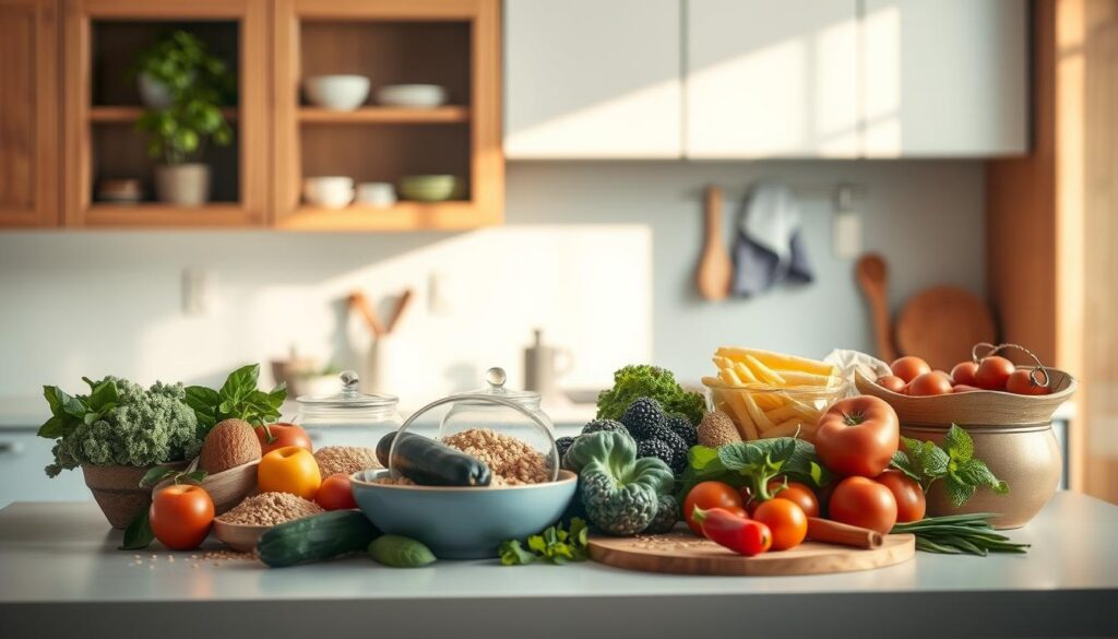 A clean, modern kitchen with warm wooden accents and a crisp light blue color scheme. On the countertop, an assortment of fresh vegetables, whole grains, and plant-based protein sources artfully arranged, ready for easy vegetarian meal prep. The scene is bathed in soft, natural lighting, creating a serene, inviting atmosphere. The camera captures the scene from a slightly elevated angle, showcasing the various components in an appetizing and inspirational composition.