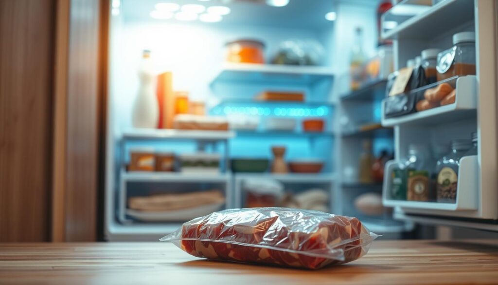 A clean, modern refrigerator with its door slightly ajar, revealing neatly organized shelves stocked with various food items. The interior is softly lit, highlighting the blue-tinged LED lighting and the delicate textures of the wooden surfaces. In the foreground, a package of frozen meat is placed prominently, suggesting the safe thawing process about to unfold. The scene conveys a sense of order and food safety, with a calming, minimalist atmosphere.