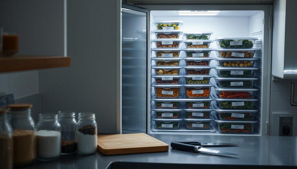 A clean, organized freezer filled with tidy rows of labeled, vacuum-sealed meal containers in a variety of nutritious dishes. The kitchen counter holds glass jars of dry ingredients, a cutting board, and a sharp knife, suggesting a recent batch cooking session. Soft, natural lighting filters in from a nearby window, highlighting the efficient, minimalist storage solutions. The overall atmosphere conveys a sense of calm preparation and intentional, energy-saving meal planning.
