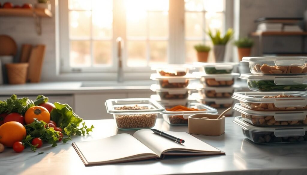 A clean, organized kitchen counter with an open notebook, a pen, and a variety of fresh ingredients like vegetables, grains, and lean proteins. Warm, natural lighting streams in through large windows, casting a soft glow on the scene. Carefully arranged meal prep containers in various sizes and colors sit nearby, ready to be filled. The atmosphere is one of focused efficiency and a sense of accomplishment, reflecting the planning and preparation underway for a month's worth of nutritious, home-cooked lunches.