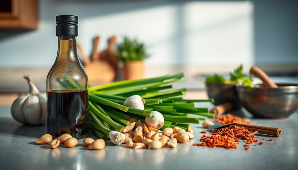 A clean, well-lit kitchen countertop with an array of fresh ingredients for a perfect office meal prep stir fry: glistening soy sauce, vibrant garlic cloves, verdant scallions, crunchy peanuts, and a fragrant blend of spices - cinnamon, ginger, and chili flakes. Soft shadows accentuate the subtle textures, while the gentle lighting casts a warm, inviting glow. The scene is framed by wooden accents and light blue tones, creating a calm, minimalist atmosphere evocative of a nourishing, homemade meal.