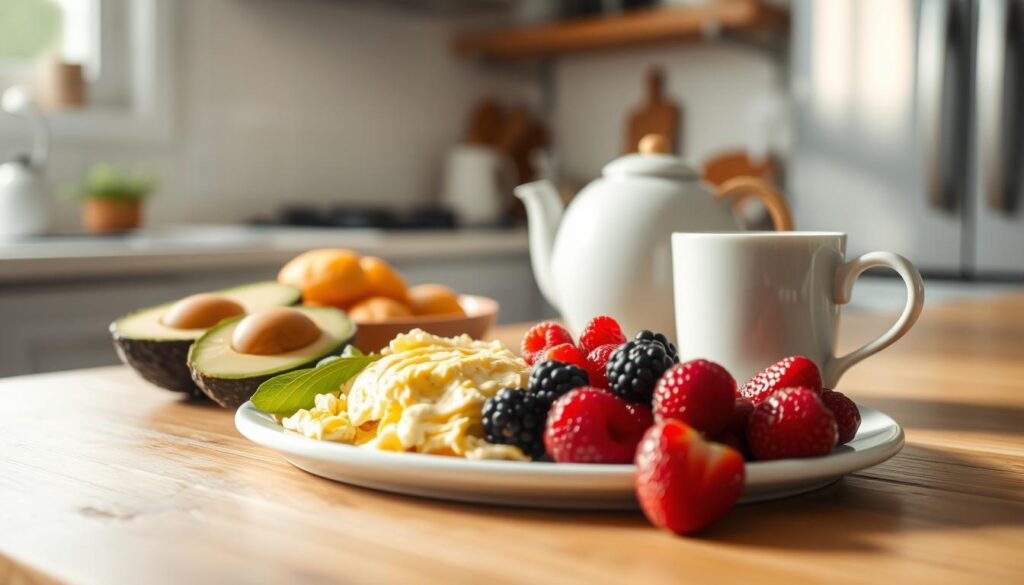 A clean, well-lit kitchen showcases an array of breakfast ingredients on a wooden table - sliced avocado, scrambled eggs, fresh berries, and a steaming cup of tea. The scene evokes a sense of simplicity and mindfulness, with soft natural lighting filtering through the windows. The focus is on the ingredients themselves, highlighting their vibrant colors and textures, inviting the viewer to consider healthier breakfast adjustments that can be made with just a few nutritious components. The overall atmosphere is calming and inviting, capturing the essence of a dietary-friendly morning meal.