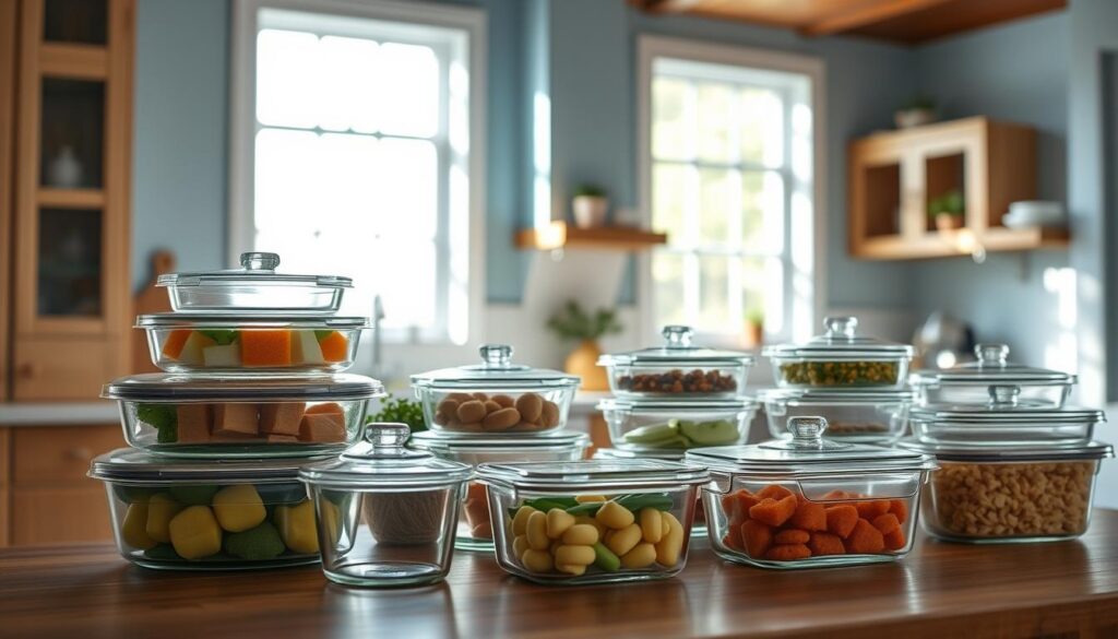 A clean, well-lit kitchen with natural light streaming through large windows, highlighting an assortment of glass food containers in various shapes and sizes. The containers have a sleek, minimalist design with clear lids, showcasing their contents. The kitchen has a warm, inviting atmosphere with light blue accent walls and natural wood textures. The glass containers are artfully arranged on a wooden table, creating a visually appealing and organized display that emphasizes their functionality and suitability for temperature-controlled food storage.