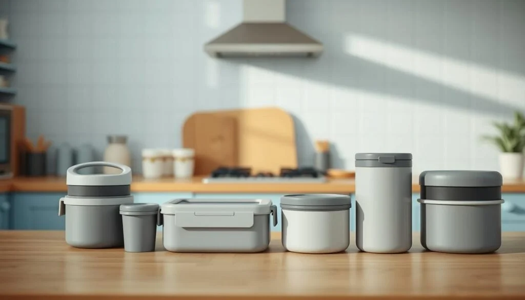 A clean, well-lit kitchen with wooden counters and light blue accents serves as the backdrop for a stylized arrangement of insulated lunch containers. The containers, in various shades of gray and neutral tones, are neatly displayed on the counter, their sleek silhouettes and minimalist designs hinting at their functional purpose. The containers are showcased in a manner that emphasizes their portability and suitability for office meal prep, aligning with the theme of 