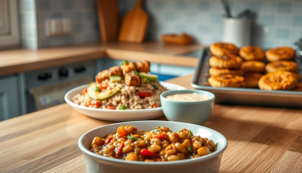 A clean, well-lit kitchen with wooden countertops and light blue accents showcases an array of plant-based protein meals. In the foreground, a bowl of hearty lentil and vegetable stew, garnished with fresh herbs. Behind it, a plate of grilled tofu skewers, marinated in a savory soy-based sauce, accompanied by a colorful quinoa salad with diced avocado, bell peppers, and a light, tangy dressing. In the background, a tray of baked falafel patties, crisp on the outside and fluffy within, served with a creamy tahini dip. The scene exudes a warm, inviting atmosphere, capturing the essence of delicious, nutrient-dense vegetarian and vegan protein-rich meals.