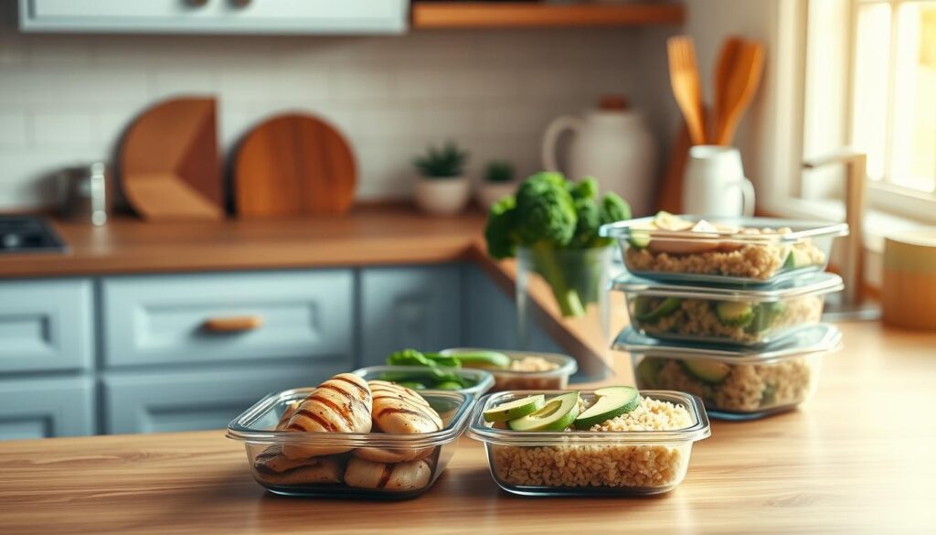 A clean, well-lit kitchen with wooden countertops, light blue accents, and no visible hands. On the counter, an assortment of fresh ingredients - grilled chicken breasts, steamed broccoli, quinoa, and sliced avocado - neatly arranged in meal prep containers. The lighting is soft and natural, casting a warm glow over the scene. The overall atmosphere is one of efficiency and simplicity, conveying the ease of preparing a quick, protein-rich meal. A perfect illustration for an article on heart-healthy, low-sodium dinner meal prep ideas.