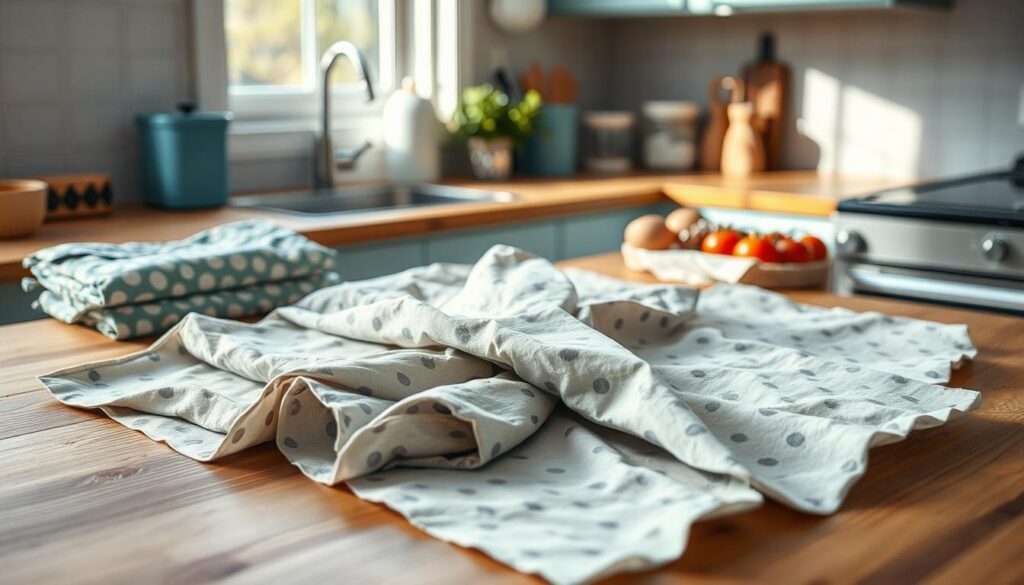A clean, well-organized array of reusable food wraps in various sizes and patterns, made from sustainable materials like beeswax-coated cloth, laid out on a wooden kitchen countertop. Soft, natural lighting from a nearby window casts gentle shadows, highlighting the textural details of the wraps. The scene conveys a sense of efficiency and practicality, with the wraps serving as a centerpiece for meal preparation and storage in a cozy, minimalist kitchen setting featuring light blue accents.
