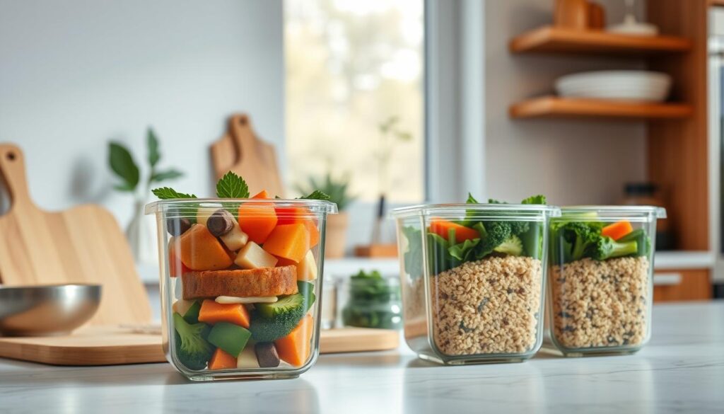 A clean, well-organized kitchen with warm wooden accents and light blue details sets the stage for a visually appealing display of healthy meal prep containers. In the foreground, a trio of glass or BPA-free plastic containers, each filled with a carefully curated selection of lean proteins, colorful vegetables, and whole grains. The mid-ground showcases a wooden cutting board, a stainless steel bowl of freshly chopped herbs, and a small pitcher of infused water. The background features a minimalist, clutter-free countertop, with a large window allowing natural light to flood the space, creating a sense of calm and balance. The overall composition conveys a message of intentional, nourishing meal preparation, inspiring the viewer to embrace the benefits of batch cooking for a healthier lifestyle.