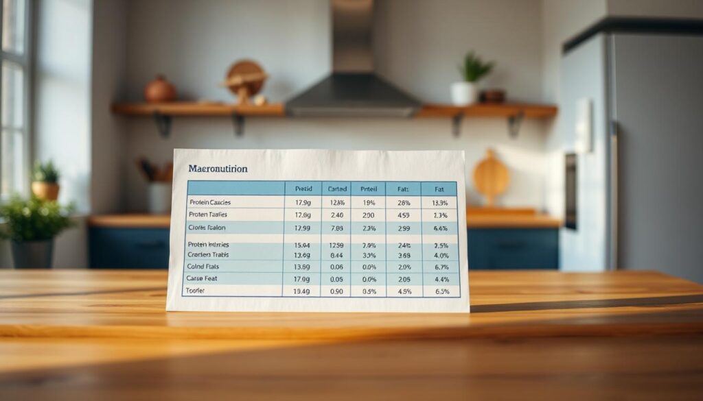 A clean, well-organized macronutrient calorie chart displayed on a wooden table in a cozy, minimal kitchen. The chart features crisp, legible data on the caloric content of various protein, carbohydrate, and fat sources, with light blue accents complementing the warm wooden tones. The chart is positioned in the middle ground, while the background is softly blurred, creating a focused, informative composition.