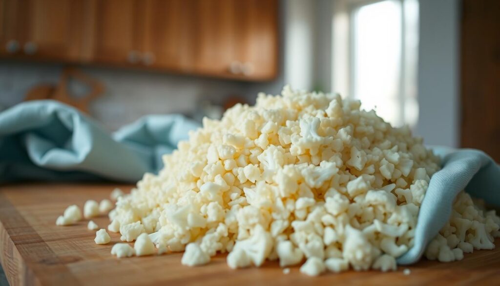 A close-up of a pile of finely chopped cauliflower florets, with a soft, mottled texture and a pale, creamy color. The cauliflower is positioned on a wooden cutting board, partially obscured by a light blue kitchen towel. The background is a minimalist, light-filled kitchen with wooden cabinets and accents. Soft, natural lighting filters in, casting gentle shadows and highlights that accentuate the wholesome, nutritious qualities of the cauliflower 