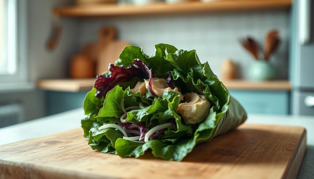 A close-up photograph of a vibrant kale cabbage wrap filled with creamy hummus, placed on a wooden cutting board in a cozy, minimalist kitchen with light blue accents. The wrap is neatly assembled, with the leafy kale leaves and shredded cabbage creating a visually appealing contrast. Soft, natural lighting illuminates the scene, casting gentle shadows and highlighting the texture of the ingredients. The composition is simple and uncluttered, allowing the healthy, fiber-rich components to take center stage.