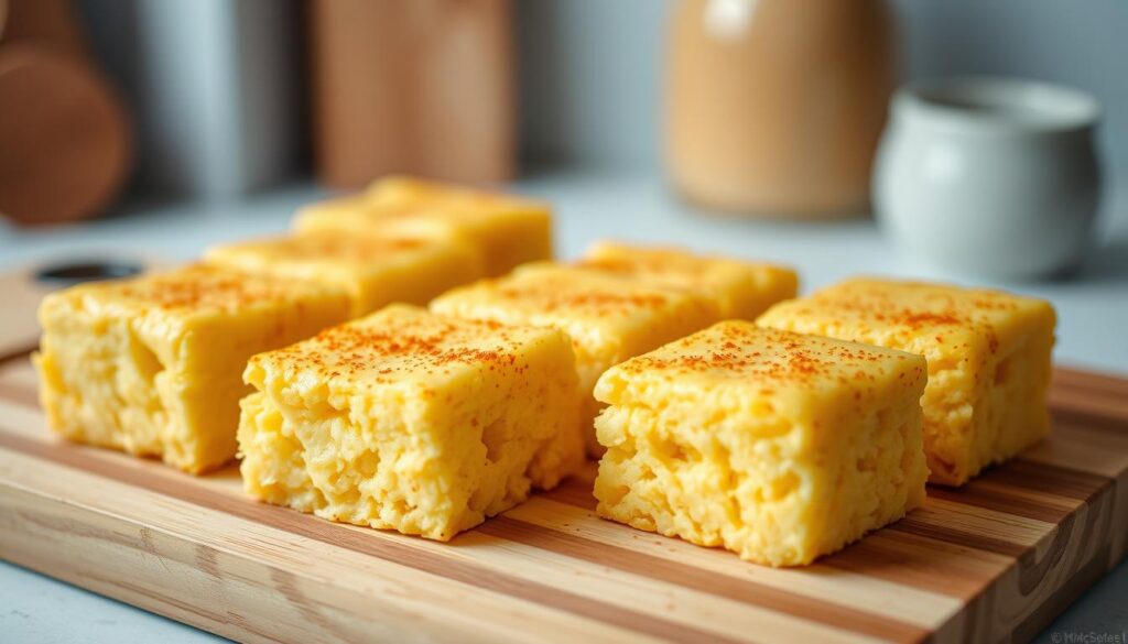 A close-up shot of a freshly prepared batch of meal prep egg squares, arranged neatly on a wooden cutting board. The squares are golden-brown, perfectly cooked with a fluffy, soft texture. Sprinkled with a light dusting of paprika, they exude a savory aroma in the cozy, minimal kitchen environment, accented by light blue tones and warm wooden textures. The carefully crafted squares are the focal point, captured in natural lighting with a slightly shallow depth of field, inviting the viewer to envision the satisfying texture and flavor of this make-ahead breakfast staple.