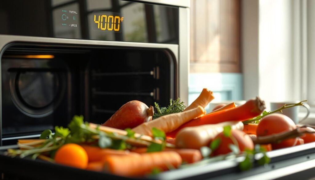 A close-up shot of a modern oven's temperature control panel, with a selection of freshly harvested root vegetables and herbs arranged neatly in the foreground. The oven's digital display is set to 400°F, the optimal temperature for roasting. Soft, natural lighting filters through a nearby window, casting a warm glow on the scene. The background features subtle wooden textures and light blue accents, creating a cozy, minimalist atmosphere. The composition emphasizes the importance of precise temperature control when preparing sheet pan dinners for healthy, flavorful results.