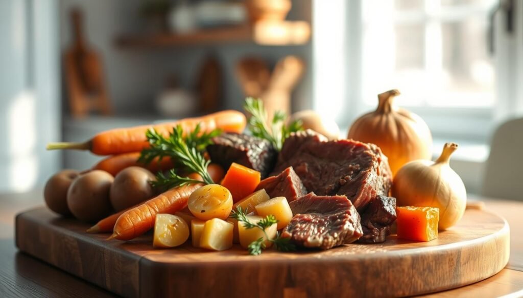 A close-up shot of a wooden chopping board, centered on a selection of fresh beef chuck roast ingredients. Glistening pieces of chuck roast, chunky carrots, hearty potatoes, and aromatic onions are arranged in an appetizing display. Warm lighting from a nearby window casts a cozy glow, highlighting the natural textures and colors. In the background, glimpses of a minimal kitchen with light blue accents, creating a welcoming, homey atmosphere perfect for a comforting family stew.