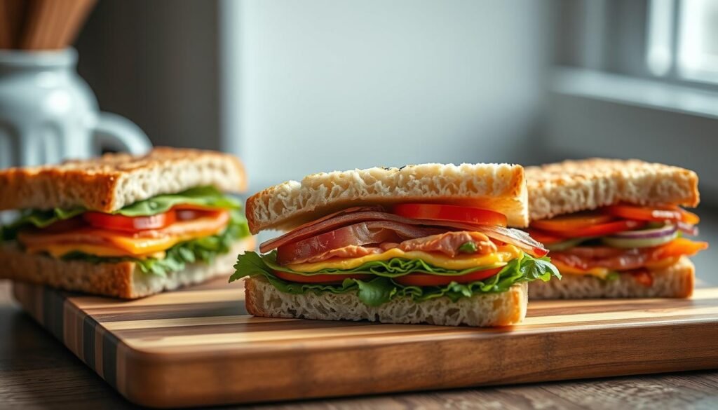A close-up shot of freshly prepared, artisanal packable sandwiches, showcasing their texture and vibrant ingredients. The sandwiches are arranged on a wooden cutting board with a light blue ceramic plate, basking in soft, diffused lighting that accentuates their natural colors and appeal. The composition highlights the satisfying layers of bread, fillings, and condiments, inviting the viewer to imagine the flavors and experience of this portable, versatile meal option.