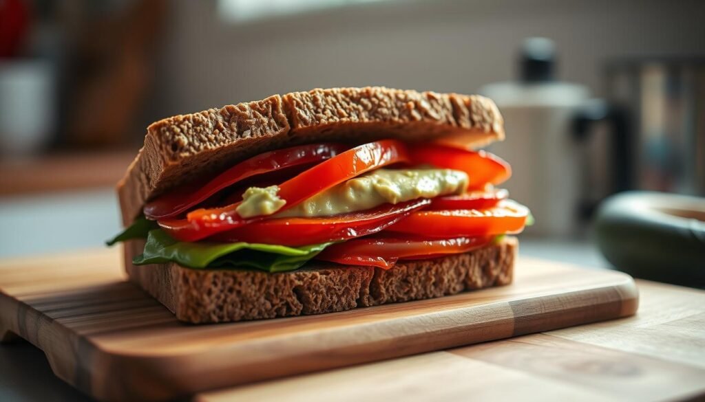 A close-up view of a freshly made roasted red pepper sandwich on a wooden cutting board in a cozy, minimal kitchen. The sandwich features thick-cut slices of hearty whole grain bread, layers of tender roasted red peppers, and a generous smear of creamy avocado spread. The lighting is soft and natural, casting warm highlights across the textured bread and glistening pepper slices. The image has a clean, simple composition that emphasizes the vibrant colors and wholesome ingredients, conveying the nutritious and satisfying nature of this high-protein meal prep option.